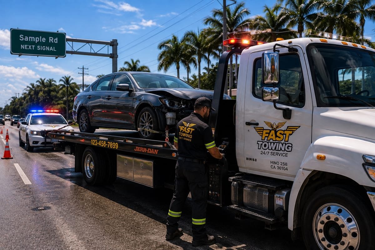 Fast Towing LLC tow truck responding to a nighttime emergency towing call