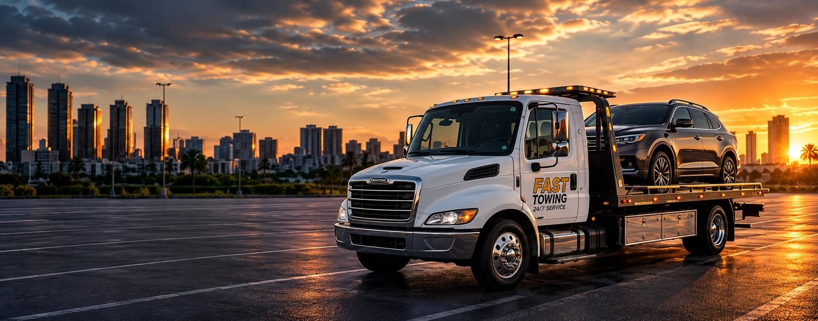 Fast Towing LLC flatbed tow truck loaded with a car at sunset