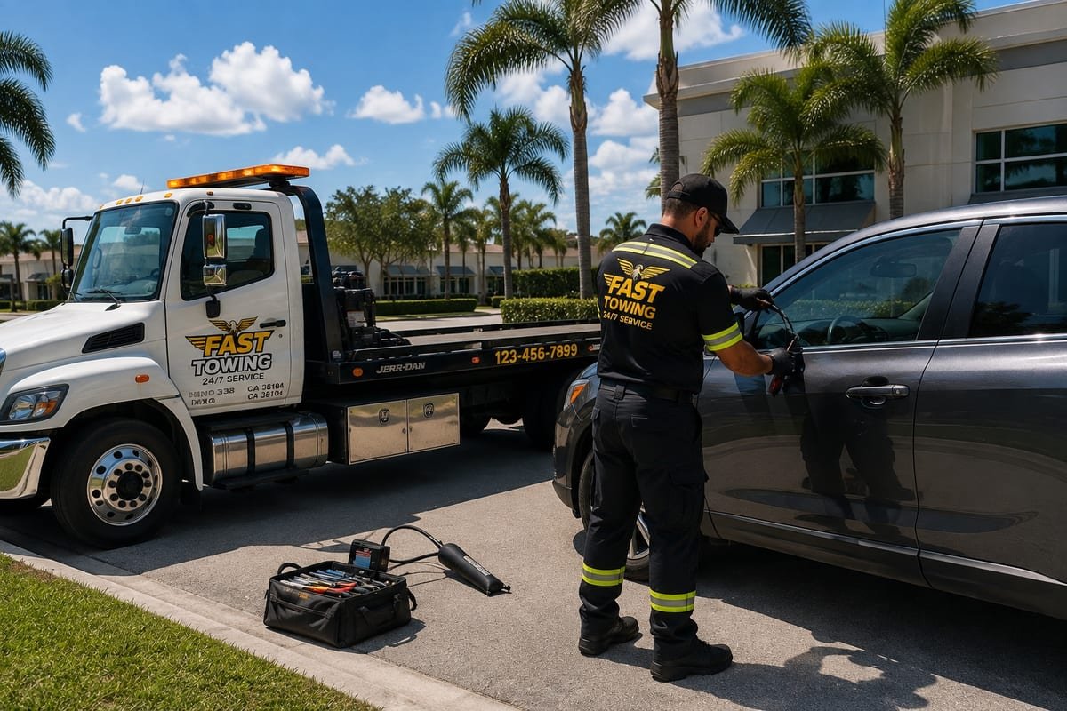 Fast Towing LLC technician unlocking a vehicle door during a lockout service call